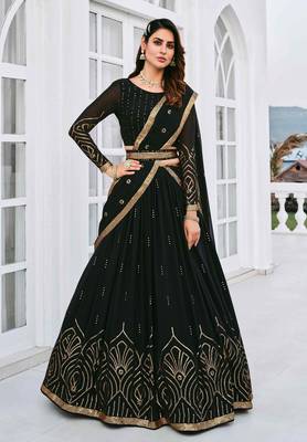 BLACK THREAD AND SEQUINS EMBROIDERED GEORGETTE FESTIVE & PARTY WEAR SEMI STITCHED LEHENGA 1