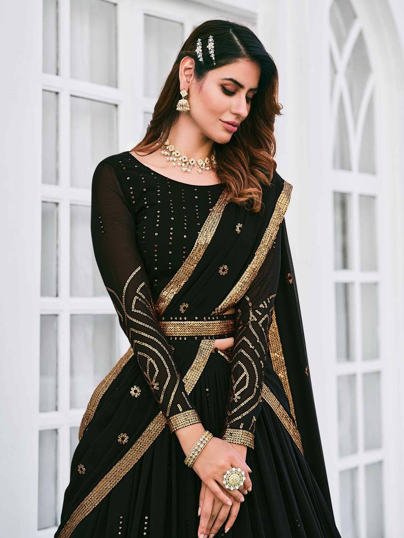 BLACK THREAD AND SEQUINS EMBROIDERED GEORGETTE FESTIVE & PARTY WEAR SEMI STITCHED LEHENGA