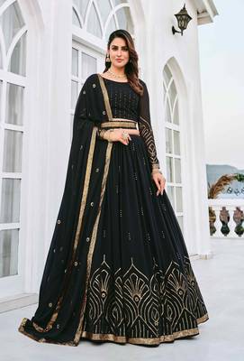 BLACK THREAD AND SEQUINS EMBROIDERED GEORGETTE FESTIVE & PARTY WEAR SEMI STITCHED LEHENGA 3