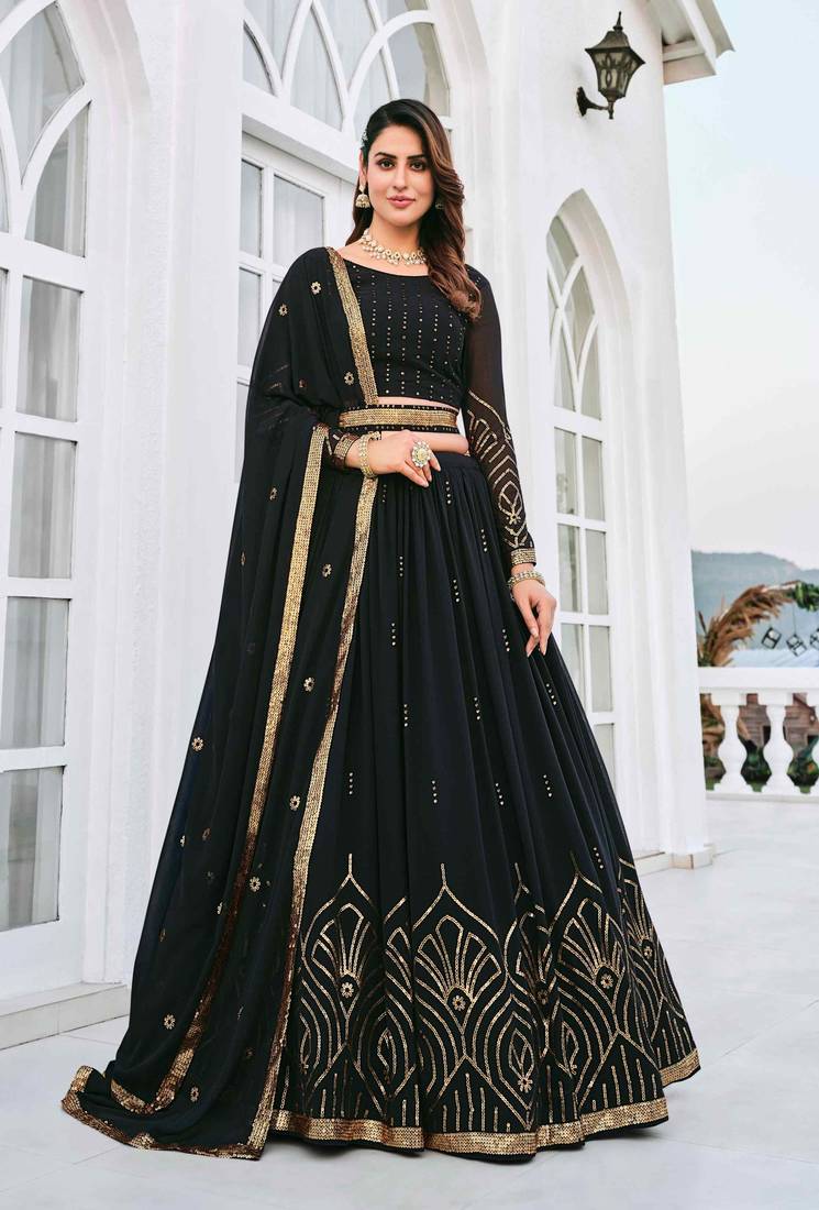 BLACK THREAD AND SEQUINS EMBROIDERED GEORGETTE FESTIVE & PARTY WEAR SEMI STITCHED LEHENGA
