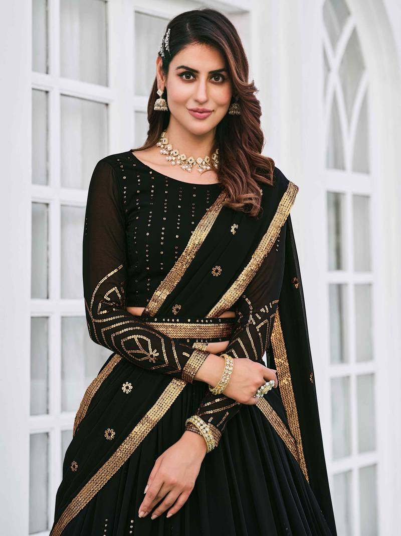 BLACK THREAD AND SEQUINS EMBROIDERED GEORGETTE FESTIVE & PARTY WEAR SEMI STITCHED LEHENGA