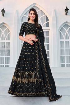 NAVY BLUE THREAD AND SEQUINS EMBROIDERED GEORGETTE FESTIVE & PARTY WEAR SEMI STITCHED LEHENGA