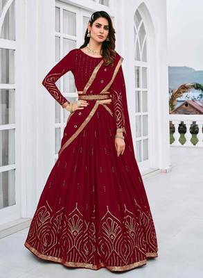 MAROON THREAD AND SEQUINS EMBROIDERED GEORGETTE FESTIVE & PARTY WEAR SEMI STITCHED LEHENGA 1