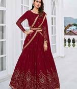 MAROON THREAD AND SEQUINS EMBROIDERED GEORGETTE FESTIVE & PARTY WEAR SEMI STITCHED LEHENGA
