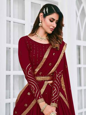 MAROON THREAD AND SEQUINS EMBROIDERED GEORGETTE FESTIVE & PARTY WEAR SEMI STITCHED LEHENGA 2