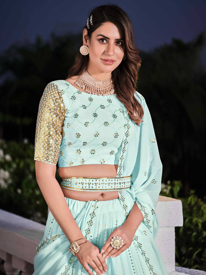 SKY BLUE THREAD AND SEQUINS EMBROIDERED GEORGETTE FESTIVE & PARTY WEAR SEMI STITCHED LEHENGA