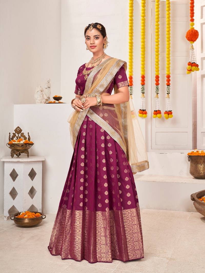 Pink & Beige Semi-Stitched  Half Saree & Unstitched Blouse With Dupatta