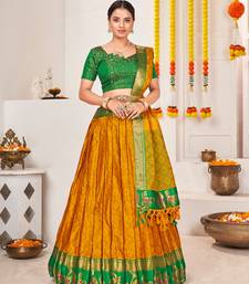 Yellow & Green Semi-Stitched  Half Saree & Unstitched Blouse With Dupatta