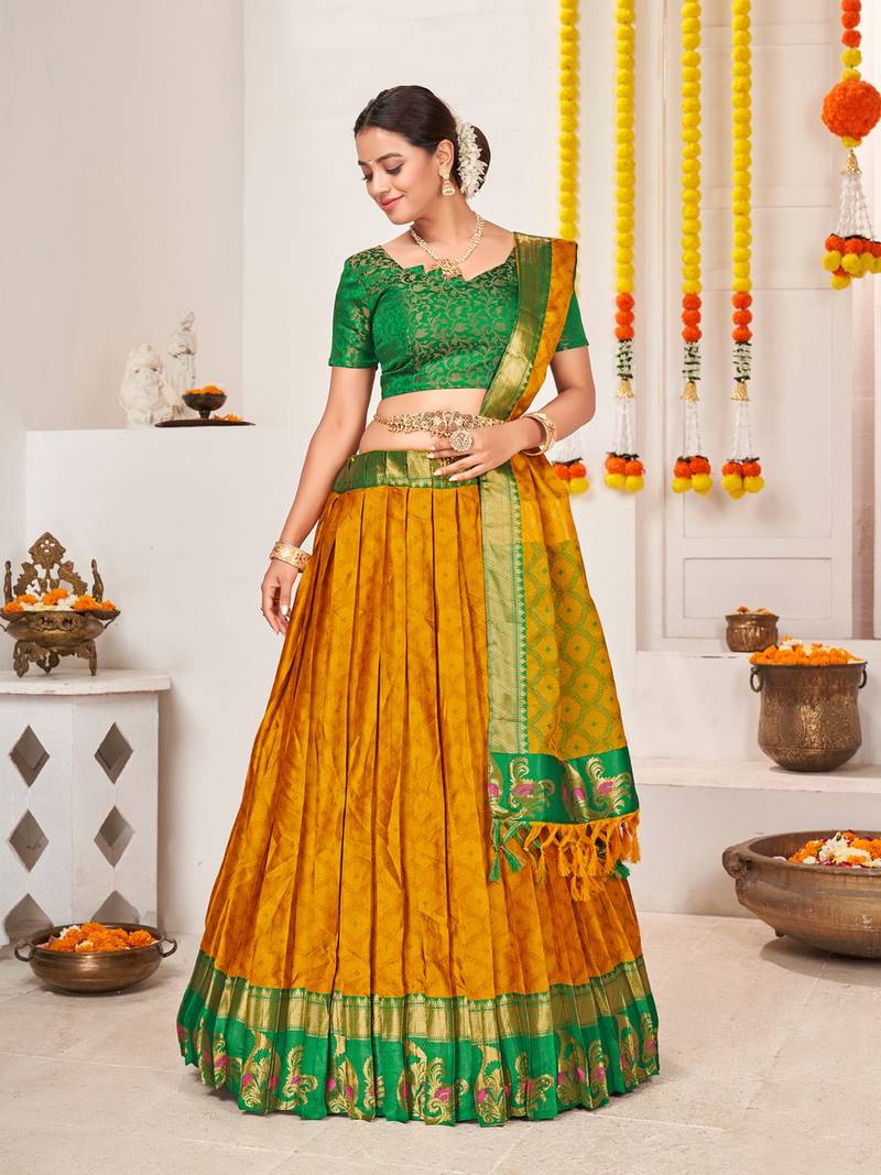 Yellow & Green Semi-Stitched  Half Saree & Unstitched Blouse With Dupatta