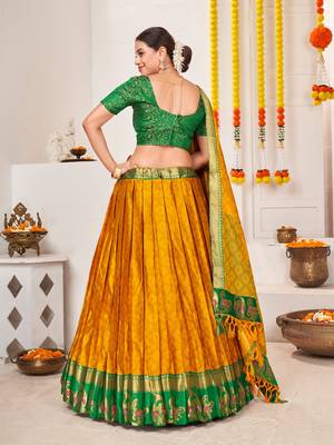 Yellow & Green Semi-Stitched  Half Saree & Unstitched Blouse With Dupatta 3