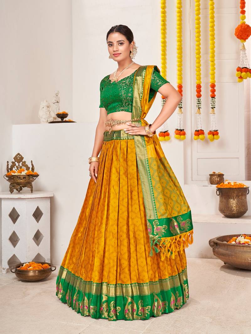 Yellow & Green Semi-Stitched  Half Saree & Unstitched Blouse With Dupatta