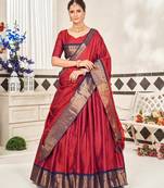 Maroon Jaquard Semi-Stitched  Half Saree with Blue Border & Unstitched Blouse With Dupatta