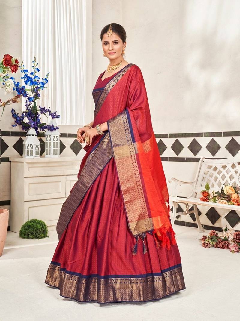 Maroon Jaquard Semi-Stitched  Half Saree with Blue Border & Unstitched Blouse With Dupatta