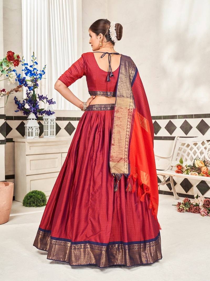 Maroon Jaquard Semi-Stitched  Half Saree with Blue Border & Unstitched Blouse With Dupatta