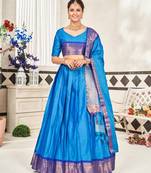 Blue Jaquard Semi-Stitched  Half Saree with Navy Blue Border & Unstitched Blouse With Dupatta