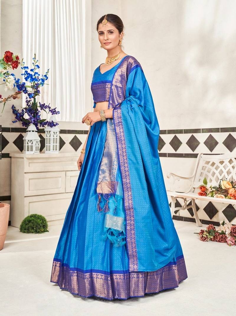 Blue Jaquard Semi-Stitched  Half Saree with Navy Blue Border & Unstitched Blouse With Dupatta