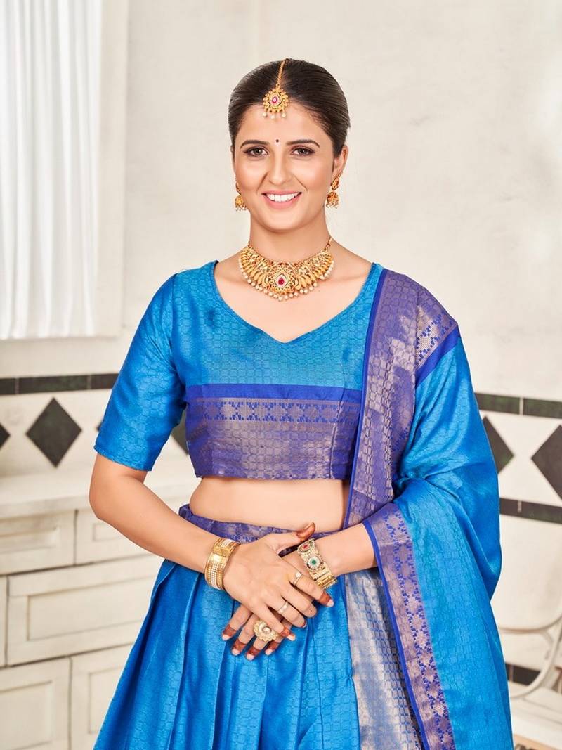 Blue Jaquard Semi-Stitched  Half Saree with Navy Blue Border & Unstitched Blouse With Dupatta