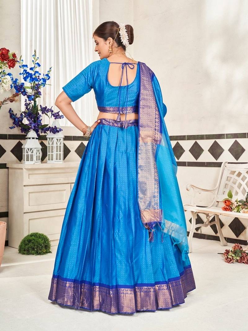 Blue Jaquard Semi-Stitched  Half Saree with Navy Blue Border & Unstitched Blouse With Dupatta