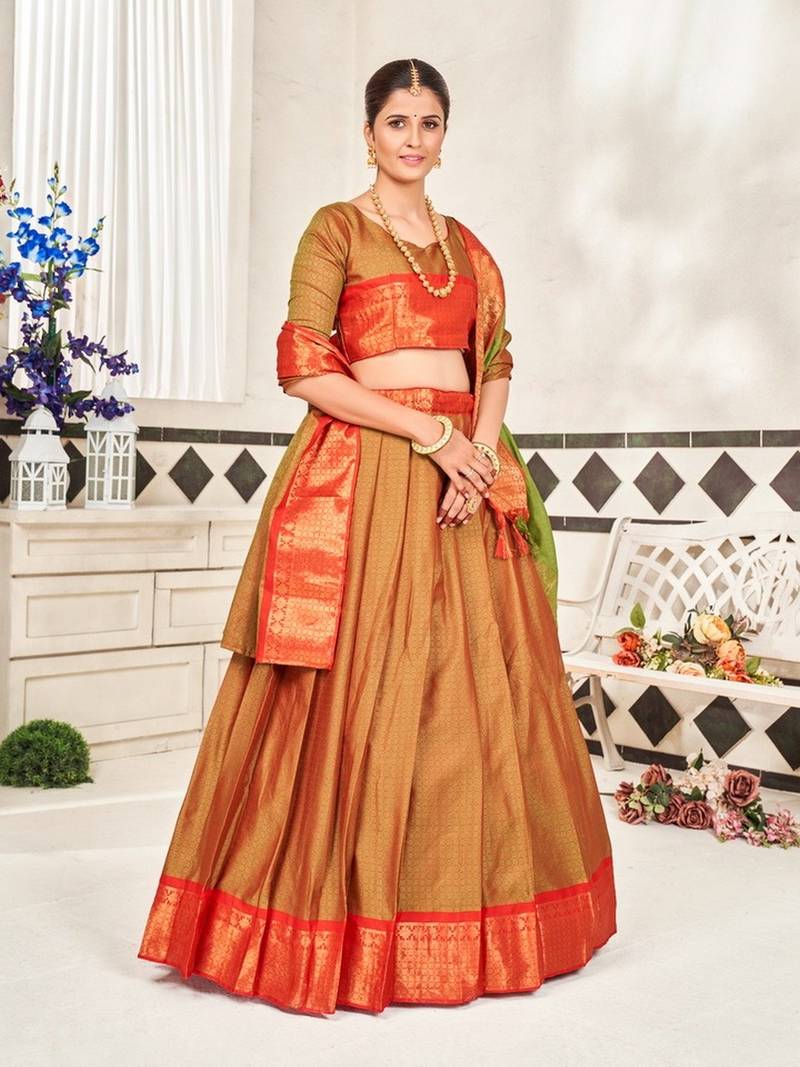 Mustard  Jaquard Semi-Stitched  Half Saree with Red Border & Unstitched Blouse With Dupatta