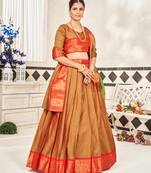 Mustard  Jaquard Semi-Stitched  Half Saree with Red Border & Unstitched Blouse With Dupatta