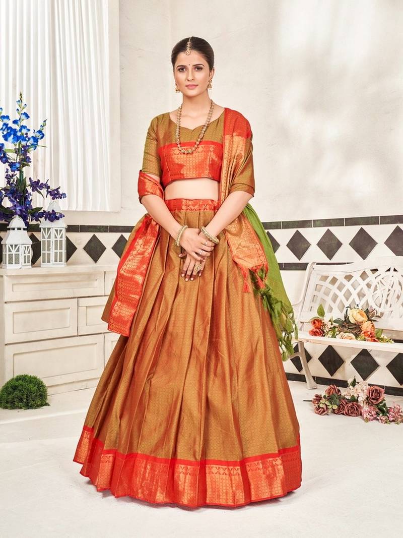Mustard  Jaquard Semi-Stitched  Half Saree with Red Border & Unstitched Blouse With Dupatta