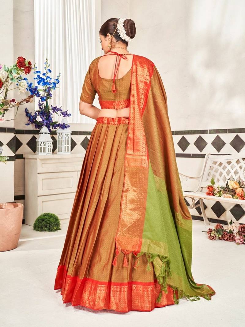 Mustard  Jaquard Semi-Stitched  Half Saree with Red Border & Unstitched Blouse With Dupatta