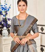 Grey Jaquard Semi-Stitched  Half Saree with Black Border & Unstitched Blouse With Dupatta
