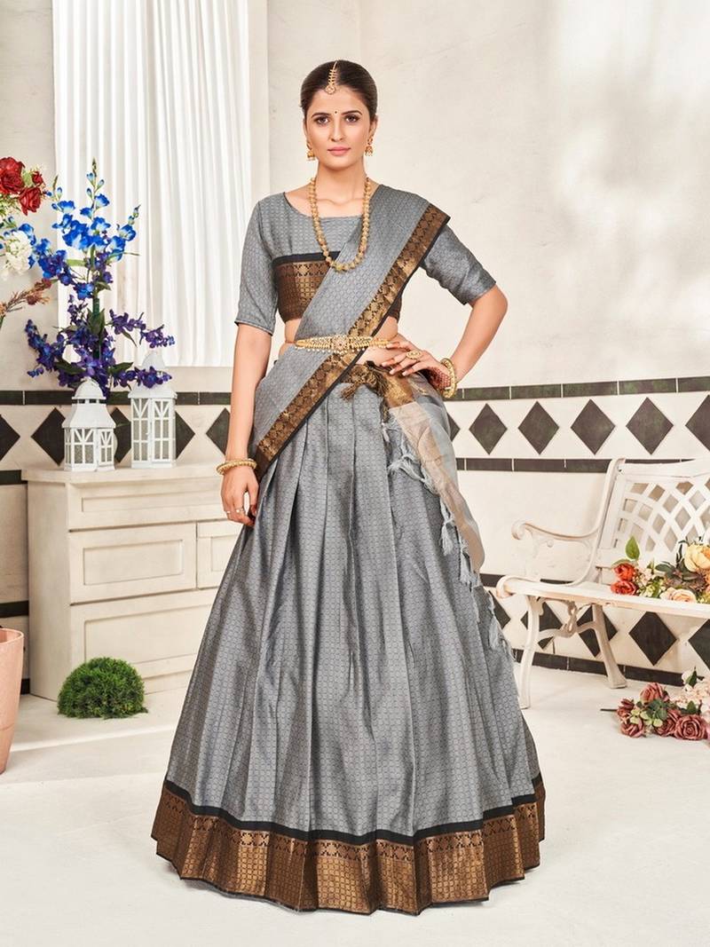 Grey Jaquard Semi-Stitched  Half Saree with Black Border & Unstitched Blouse With Dupatta