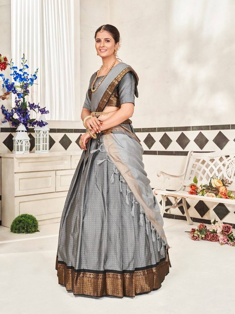 Grey Jaquard Semi-Stitched  Half Saree with Black Border & Unstitched Blouse With Dupatta