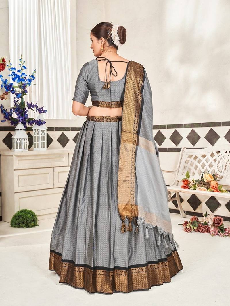 Grey Jaquard Semi-Stitched  Half Saree with Black Border & Unstitched Blouse With Dupatta