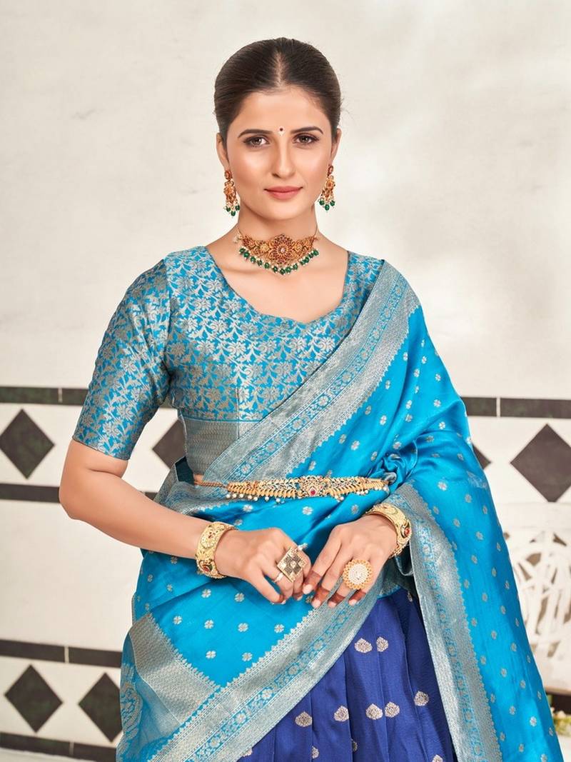 Navy Blue Jaquard SemiStitched Half Saree with Blue Border & Blue