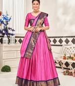 Pink Jaquard Semi-Stitched  Half Saree with Blue Border & Pink Unstitched Blouse With Dupatta