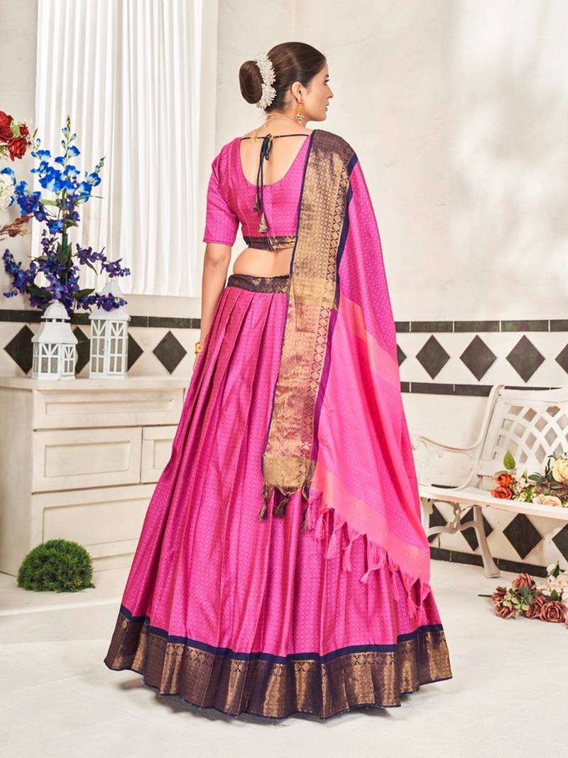 Pink Jaquard Semi-Stitched  Half Saree with Blue Border & Pink Unstitched Blouse With Dupatta