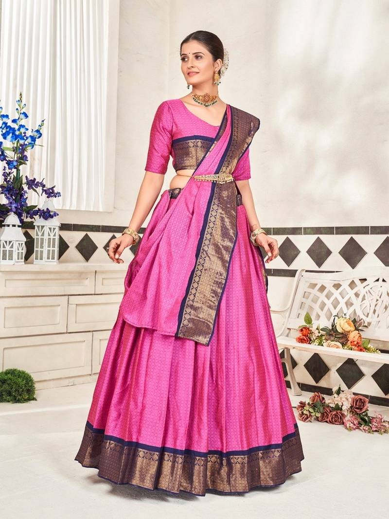 Pink Jaquard Semi-Stitched  Half Saree with Blue Border & Pink Unstitched Blouse With Dupatta