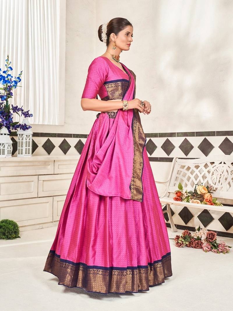 Pink Jaquard Semi-Stitched  Half Saree with Blue Border & Pink Unstitched Blouse With Dupatta