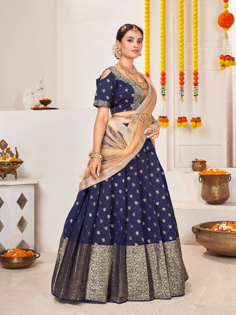 Blue & Beige Semi-Stitched  Half Saree & Unstitched Blouse With Dupatta