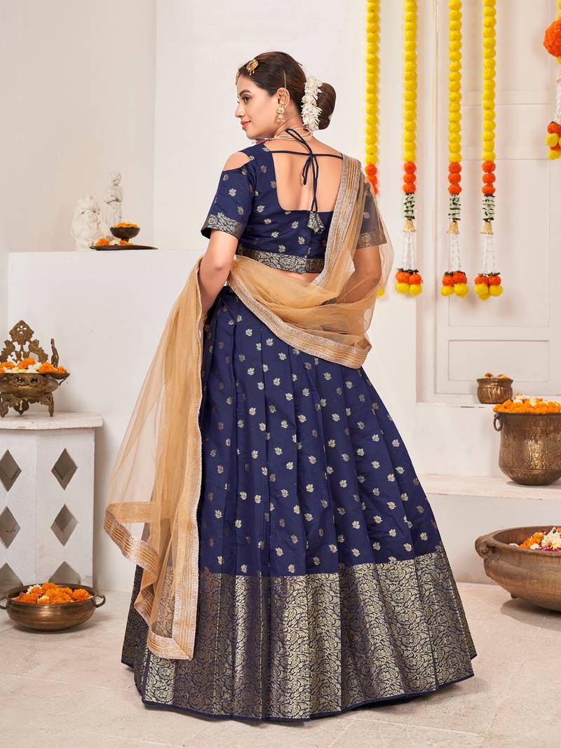 Blue & Beige Semi-Stitched  Half Saree & Unstitched Blouse With Dupatta