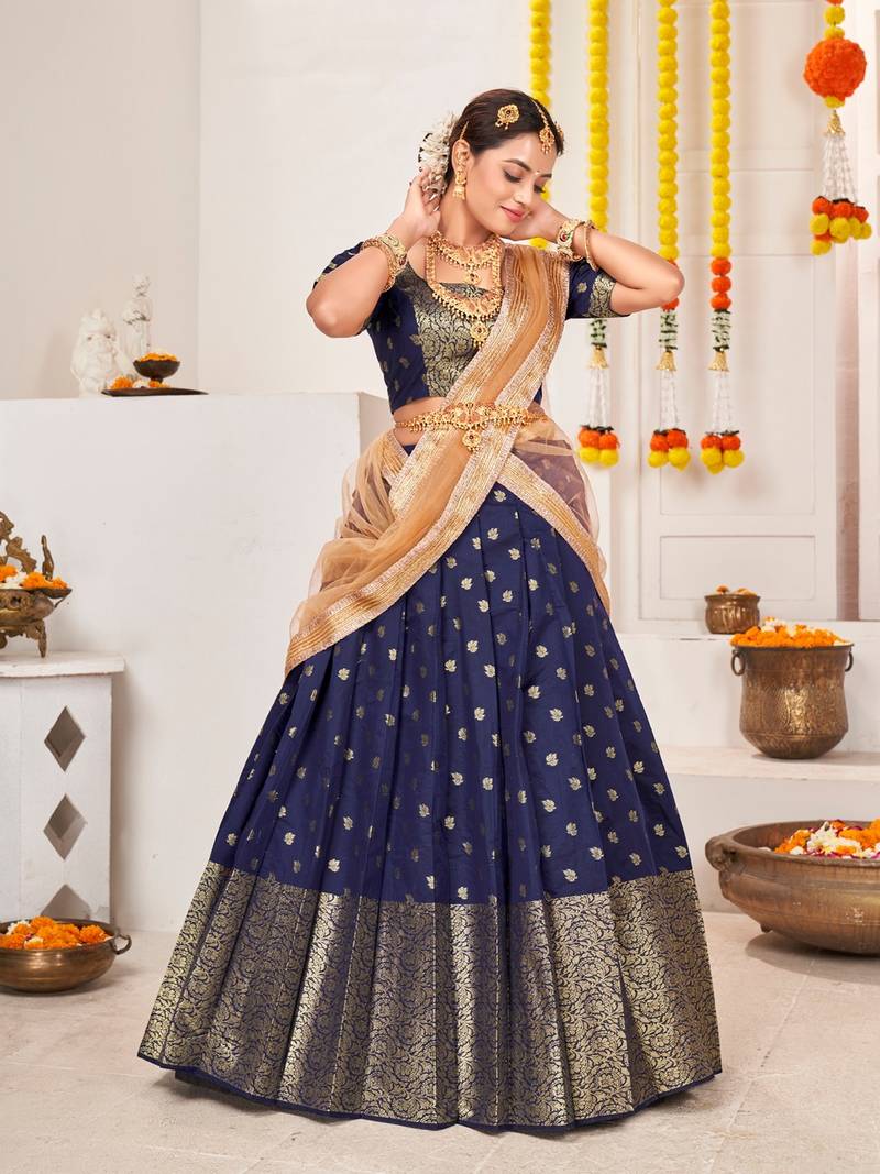 Blue & Beige Semi-Stitched  Half Saree & Unstitched Blouse With Dupatta