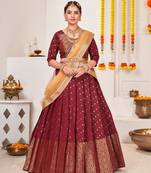 Maroon & Beige Semi-Stitched  Half Saree & Unstitched Blouse With Dupatta