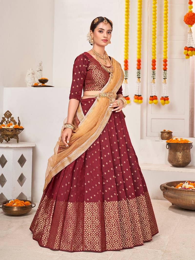 Maroon & Beige Semi-Stitched  Half Saree & Unstitched Blouse With Dupatta
