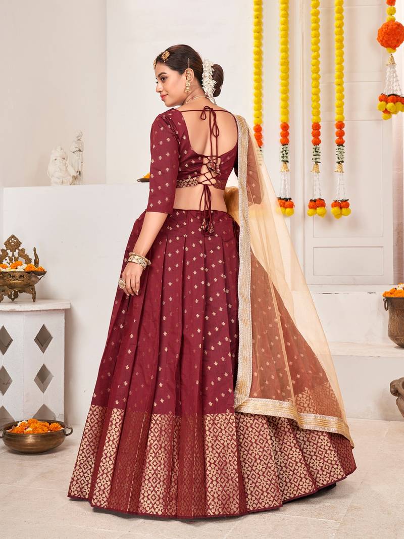 Maroon & Beige Semi-Stitched  Half Saree & Unstitched Blouse With Dupatta