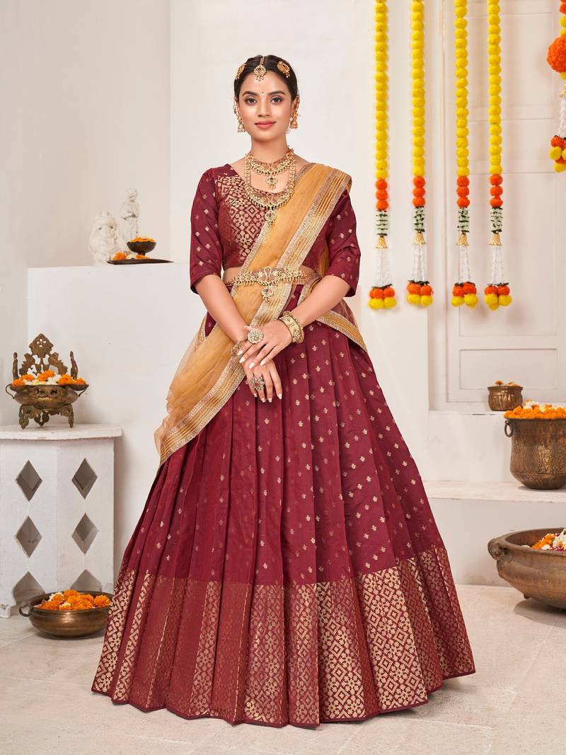 Maroon & Beige Semi-Stitched  Half Saree & Unstitched Blouse With Dupatta