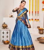 Blue & Gold-Toned Semi-Stitched  Half Saree & Unstitched Blouse With Dupatta