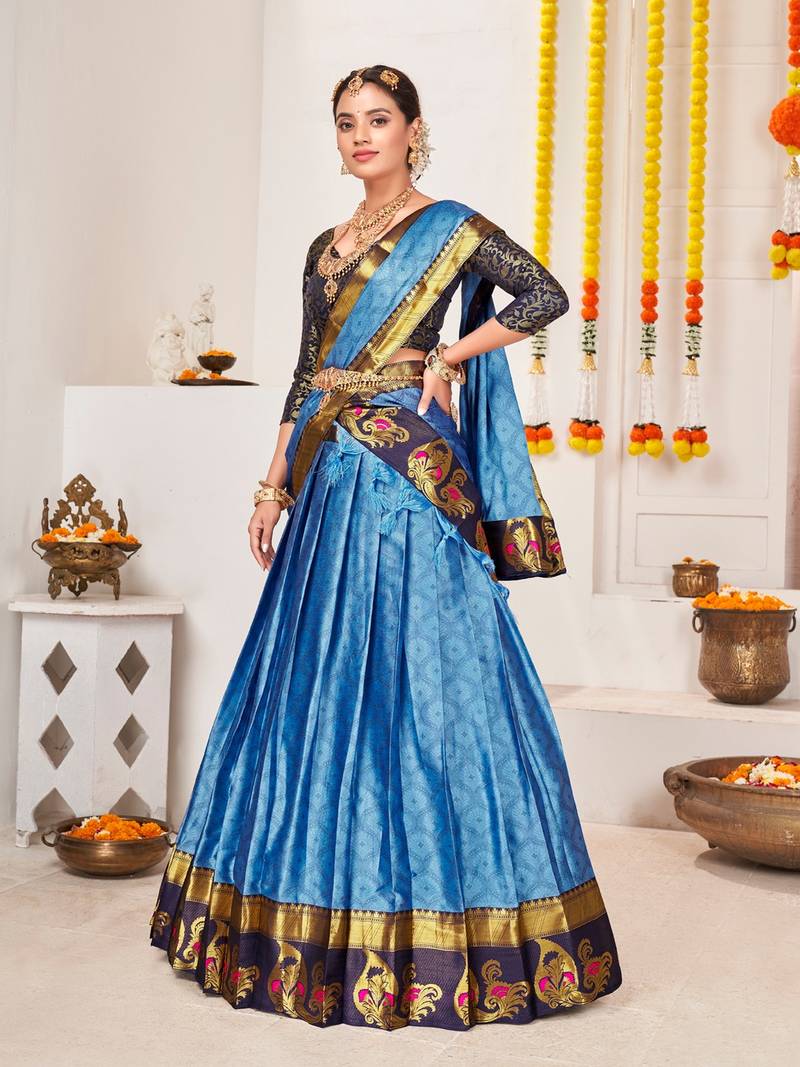 Blue & Gold-Toned Semi-Stitched  Half Saree & Unstitched Blouse With Dupatta