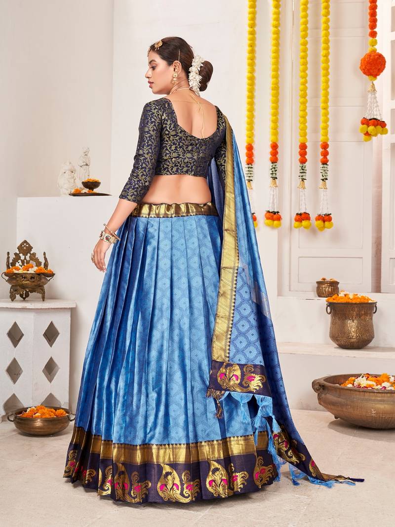 Blue & Gold-Toned Semi-Stitched  Half Saree & Unstitched Blouse With Dupatta
