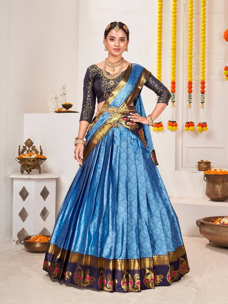 Blue & Gold-Toned Semi-Stitched  Half Saree & Unstitched Blouse With Dupatta