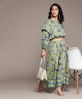 Green Printed Top With Pant Co-Ord Set 2