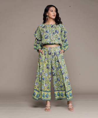 Green Printed Top With Pant Co-Ord Set 1