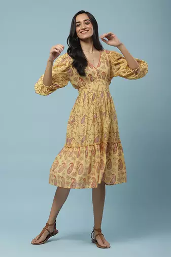 Yellow Paisley Print Midi Dress