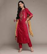 Magenta Pink Embroidered Kurta With Pant And Dupatta